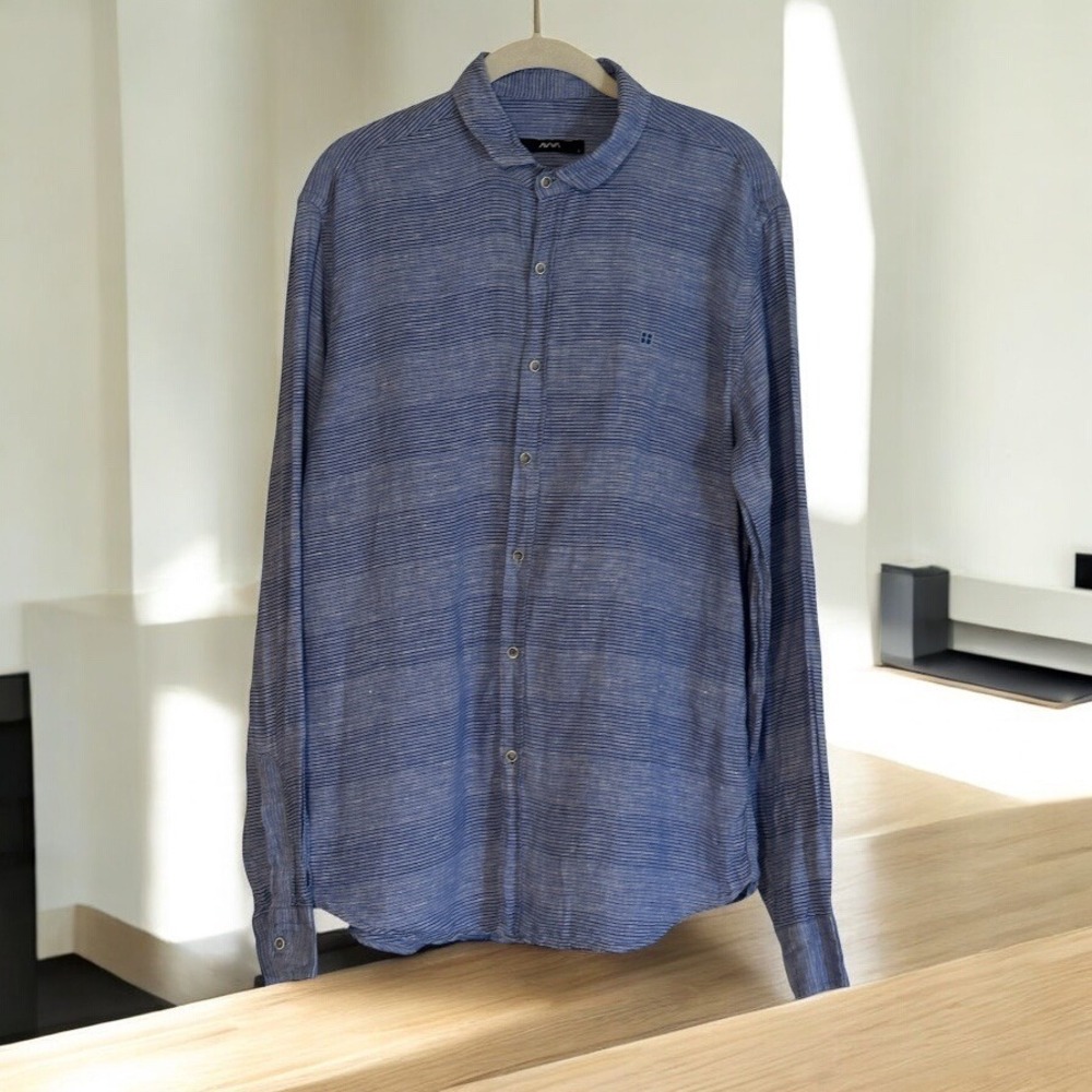 AVVA Mens Linen Shirt Large Blue Striped Long Sleeve Button Down‎ Casual